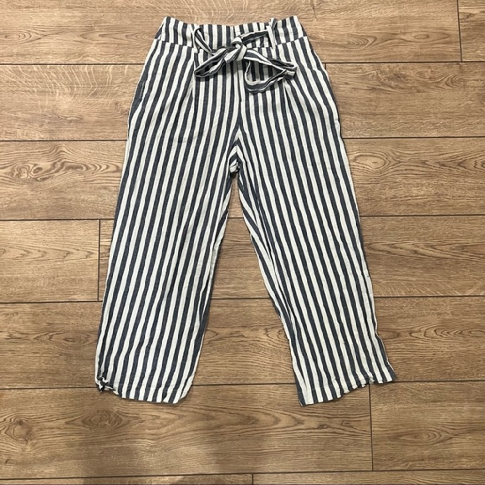 Zara Striped Linen Tie Waist Cropped Pants